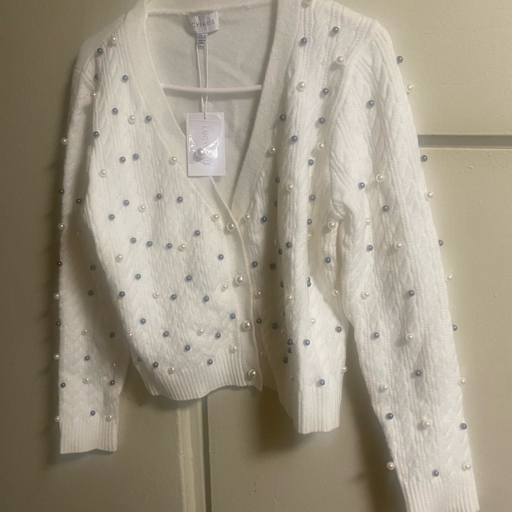 Sandro White Cardigan with Pearl and Blue Embellishments